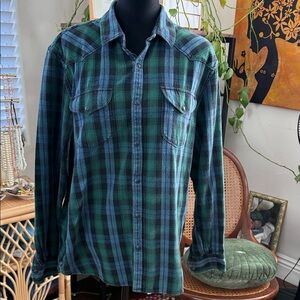 Vintage Lucky Brand True Indigo Blue & Green Plaid Button Up Flannel Shirt